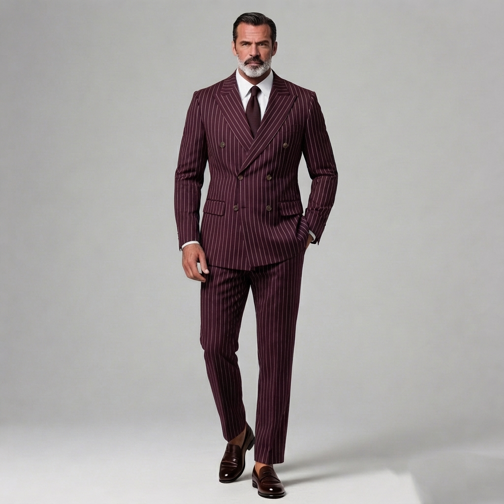 Men's Business Striped Peak Lapel Double Breasted Long Sleeve Blazer & Pants 2Pcs Set