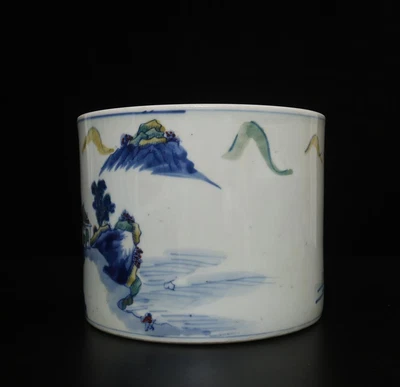 Kangxi Signed Rare Antique Chinese Blue & White Porcelain Brush Pot w/hill