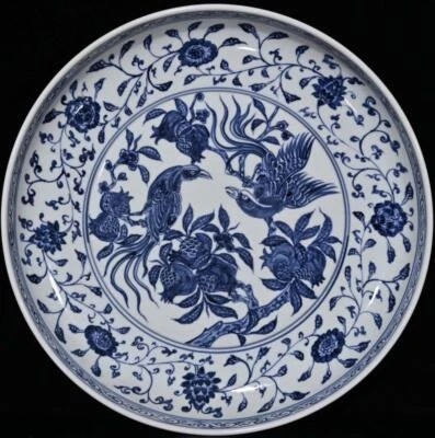 42CM Xuande Signed Old Chinese Blue & White Porcelain Dish w/ bird N11