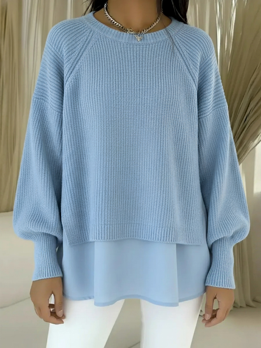 🌲 SALE🔥 Women's Comfortable Patchwork Faux Two-piece Lantern Sleeve Sweater