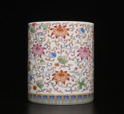 Jinglutang Signed Antique Chinese Famille Rose Brush Pot W/ flower