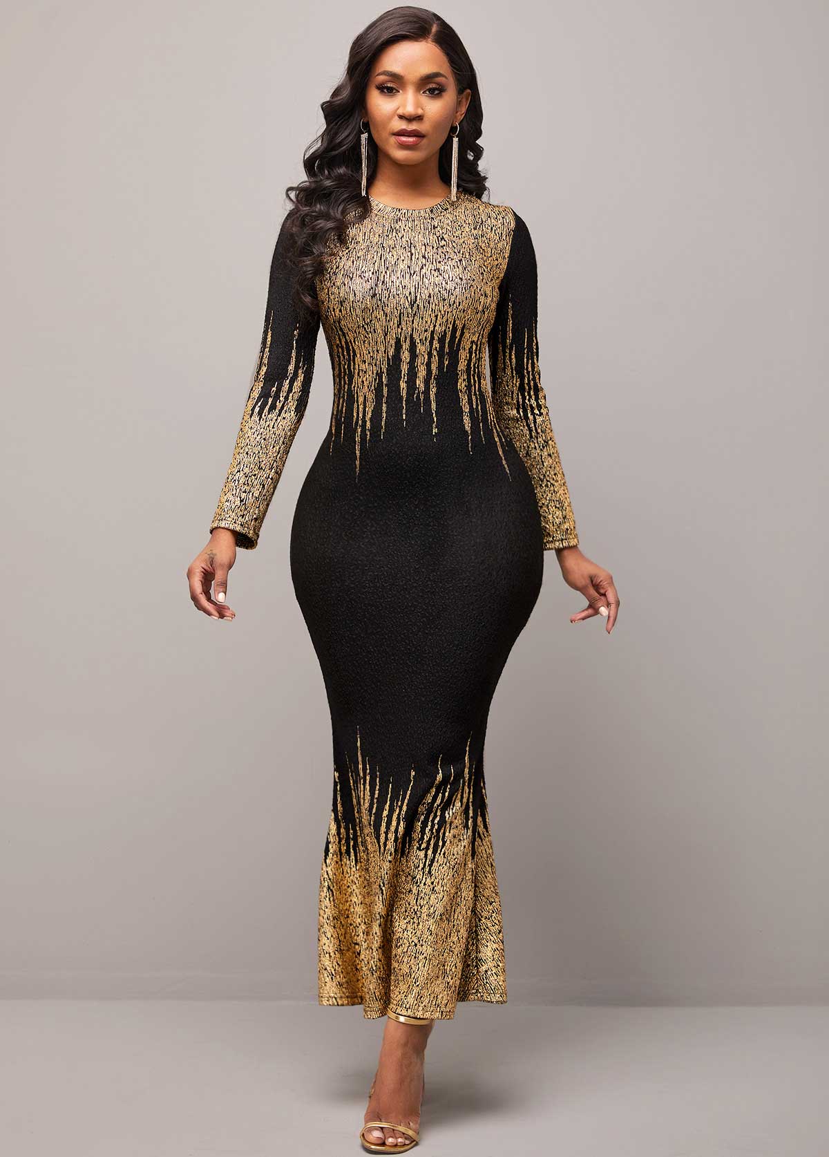 Ombre Long Sleeve Golden Mermaid Dress