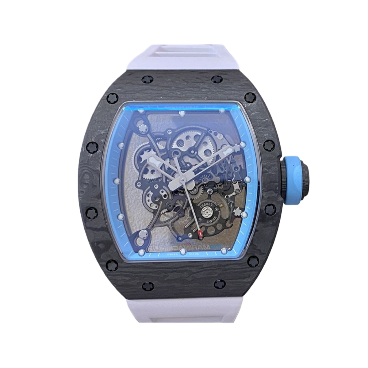 【7A Quality】Replica Richard Mille RM055 NTPT Carbon Fiber Light Blue Skeleton Dial Super Clone Watch