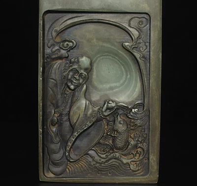 Signed Old Rare Chinese Duan Stone Both Craved Inkstone w/Buddha