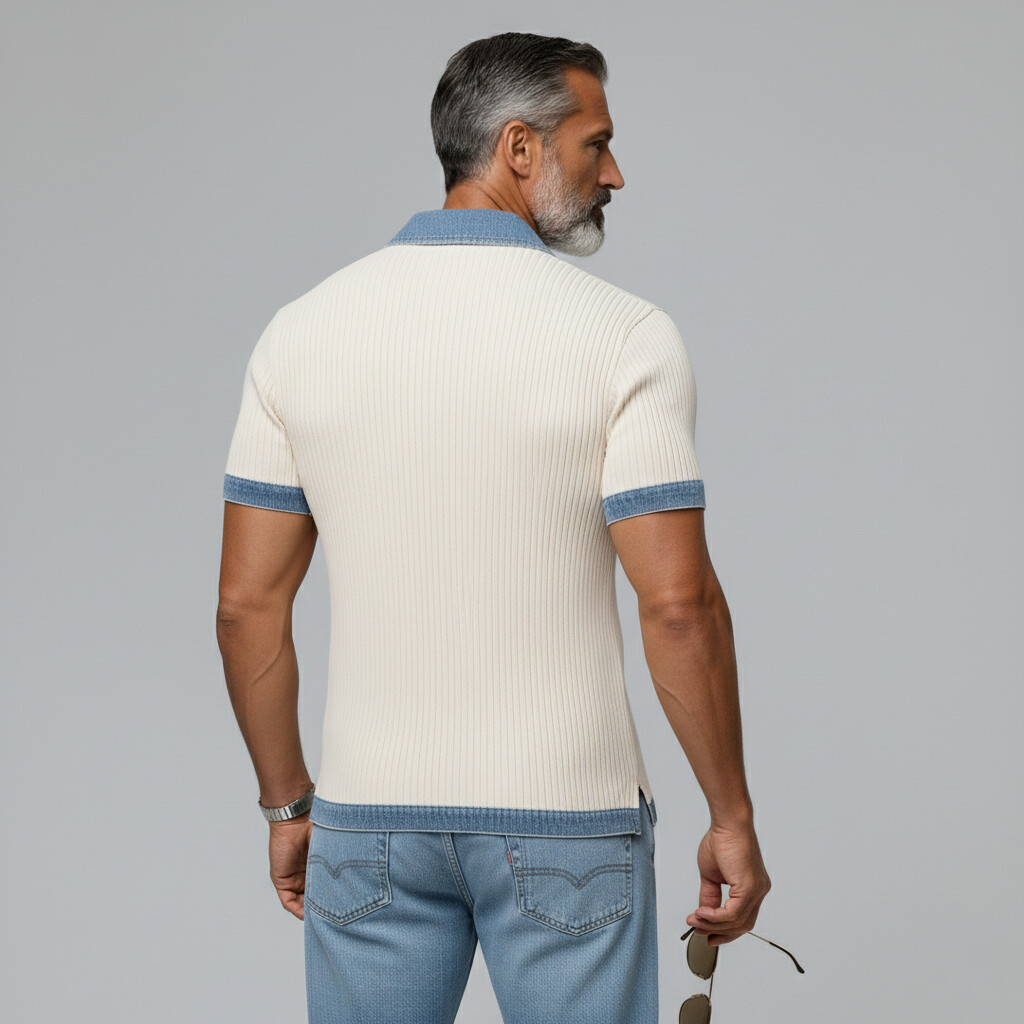 Men's Casual Ribbed Knitted Denim Contrast Trim Slim Fit Polo Shirt