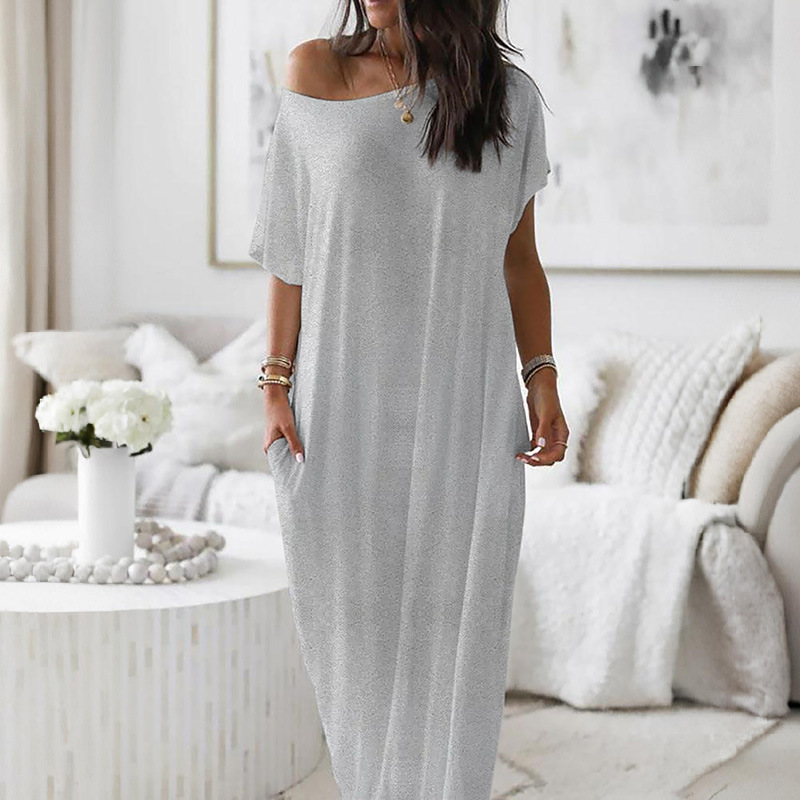 Amazon European and American Foreign Trade Cross-Border Tk Hot-Selling Summer New Women's Solid Color Short-Sleeved Long Casual Dress