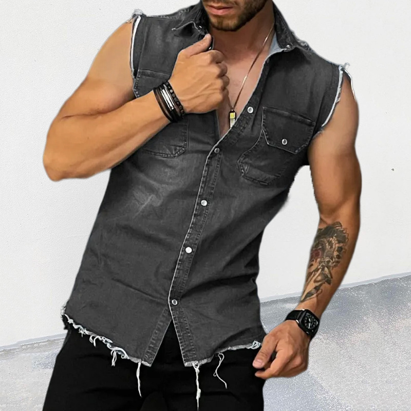 Men's Raw Trim Turndown Collar Button Pocket Denim Vest