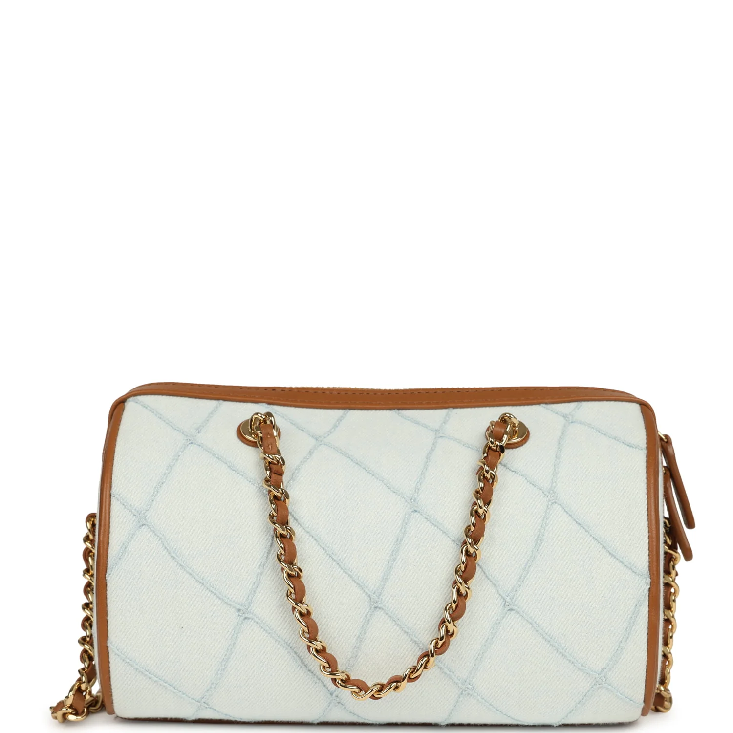 Chanel Coco Beach Mini Timeless Classic Barrel Bag with Chain Light Blue Denim and Brown Calfskin Gold Hardware