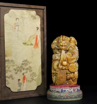 956G Old Chinese Shoushan Stone Seal Stamp Statue w/dragon N998