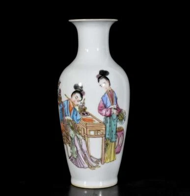 Pair Qianlong Signed Old Chinese Colour Enamel Vase W/lady N3224