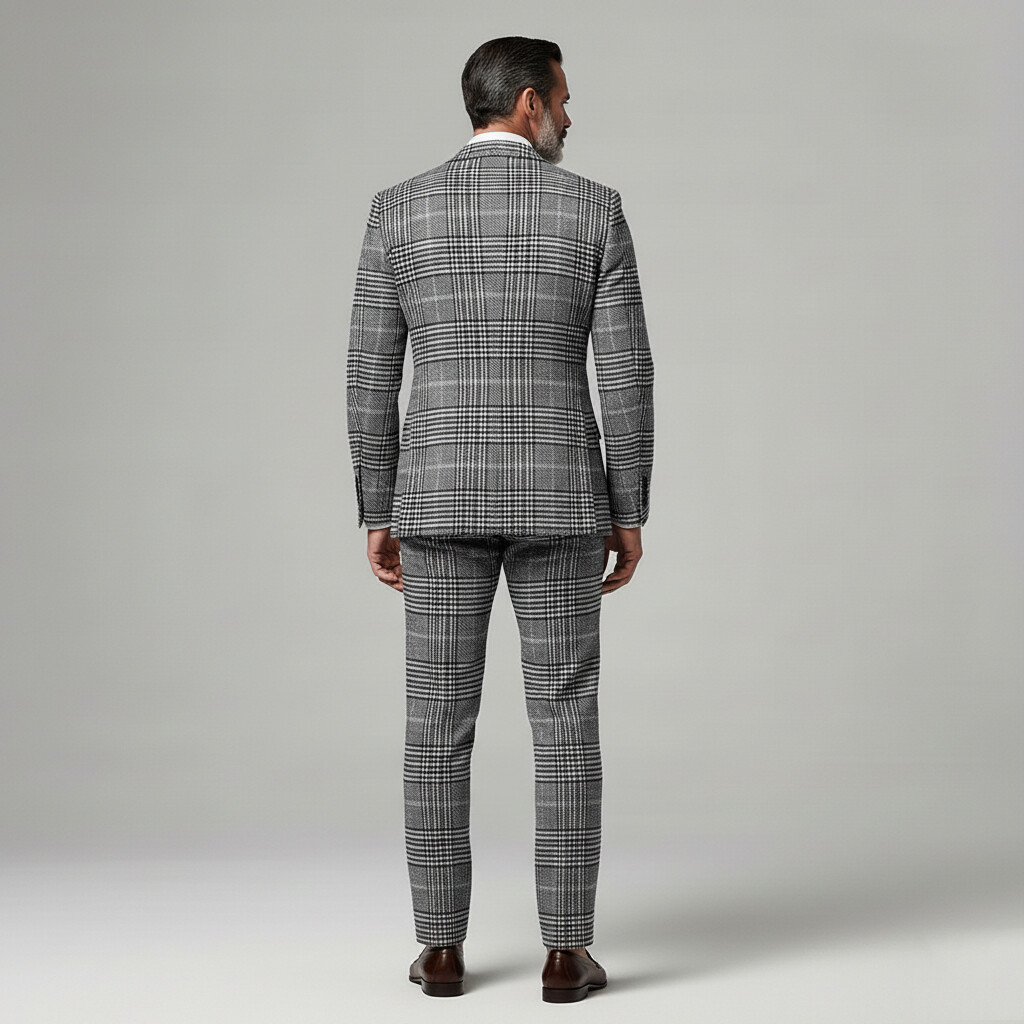 Men's Business Plaid Notched Lapel Long Sleeve Blazer & Straight Leg Pants 2Pcs Set