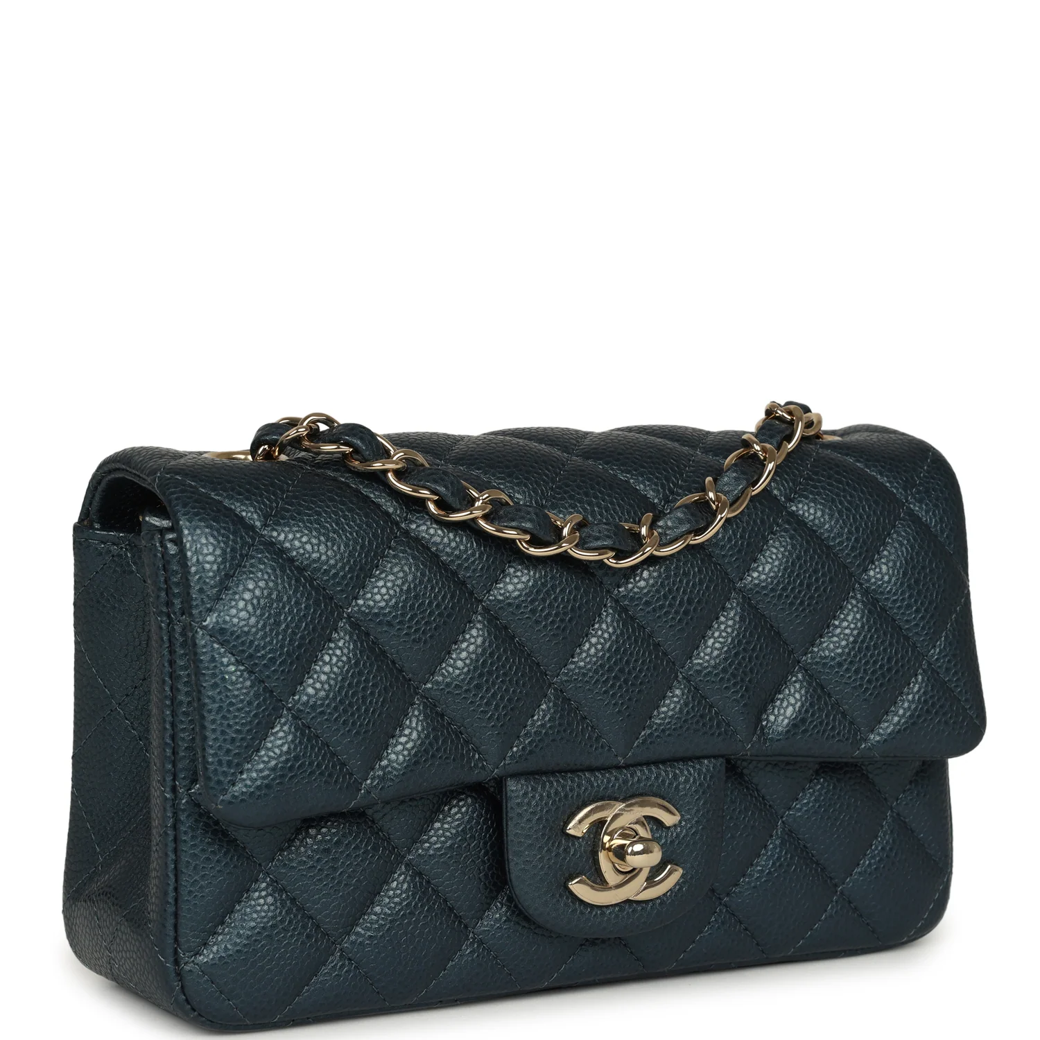 CHANEL Mini Classic Rectangular Flap Bag Blue Iridescent Caviar Light Gold Hardware