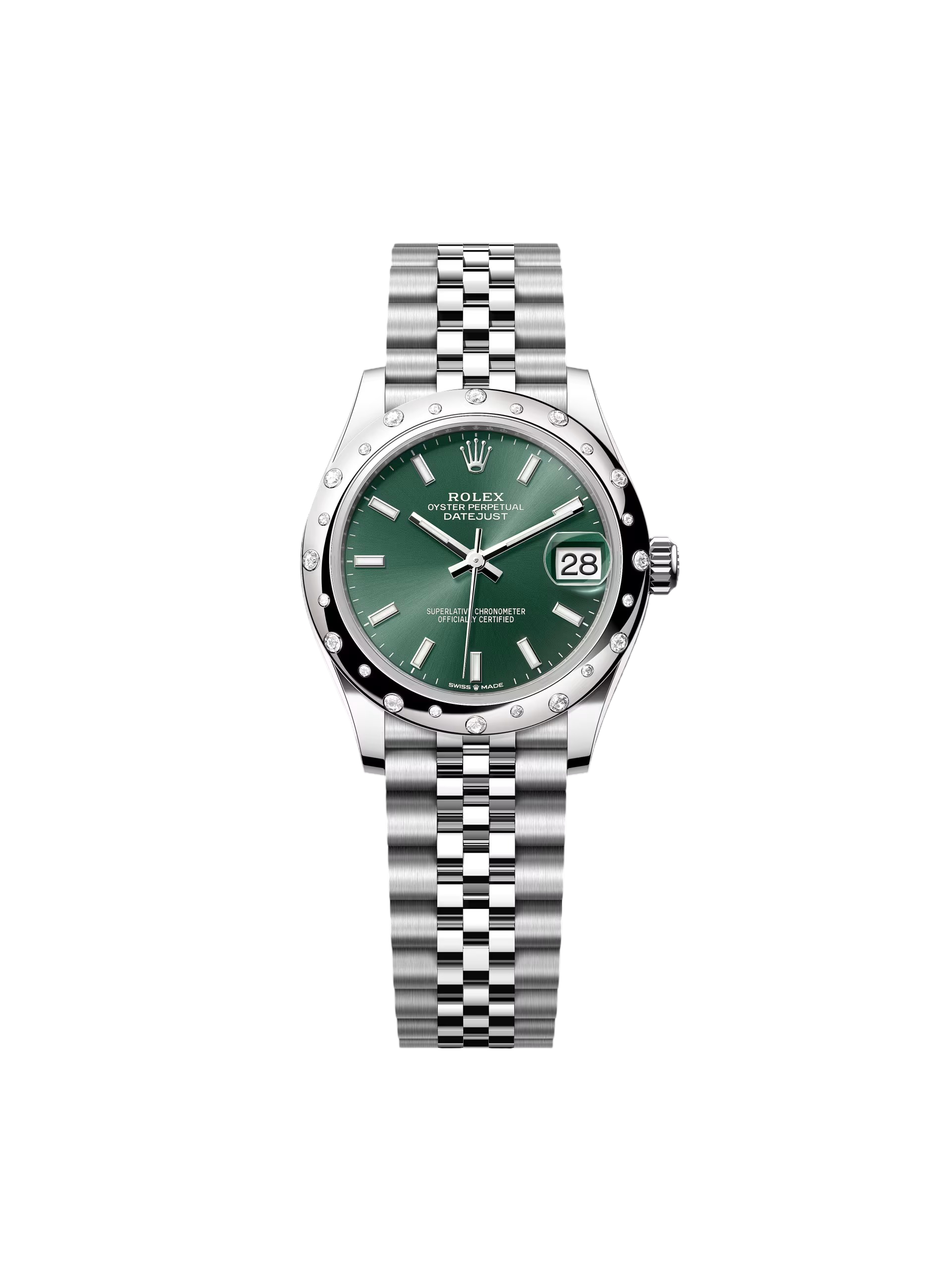 RLX Datejust m278344-0019/0020 Mint Green Dial 31mm Domed Diamond Oyster Watch