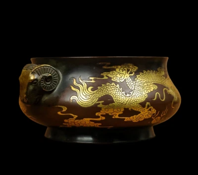 Xuande Signed Old Chinese Red Copper Handmade Incense Burner w/dragon N3802