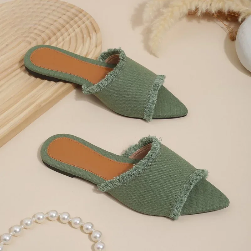 Women Flats Cowboy Slippers Fashion Beach Dress Shoes  Summer Femme Pointed Toe Flip Flops New Casual Slides