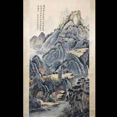 Wu Hufan Signed Chinese Hand Painted Calligraphy Scroll w/landscape N4087