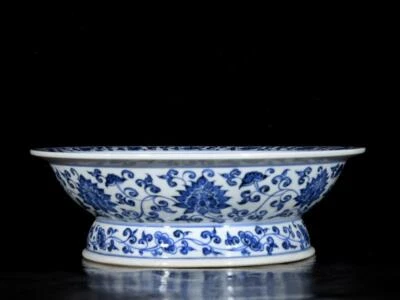 27CM Xuande Signed Old Chinese Blue and White High Dish W/bird N3449