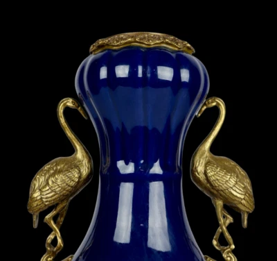 45CM Yongzheng Signed Old Chinese Blue Glaze Vase w/crane N3982