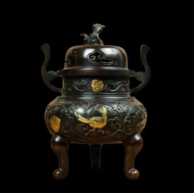 Xuande Signed Chinese Red Copper Gilding Handmade Incense Burner w/bird N3778