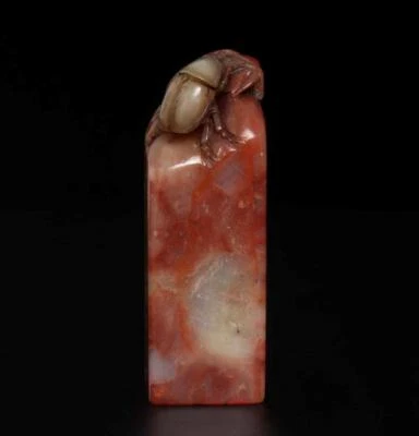 131G Signed Old Chinese Shoushan Stone Seal Stamp Statue w/longicorn