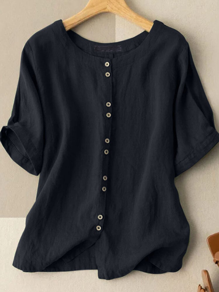 Solid Button Half Sleeve Round Neck Casual Cotton Blouse