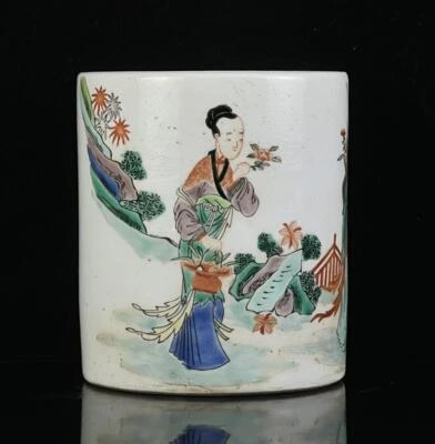 Old Chinese Five Color Porcelain Brush Pot w/lady Q177