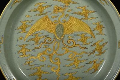 Qinglongsi Signed Old Chinese Ru Yao Ru Kiln Dish w/phoenix N2952