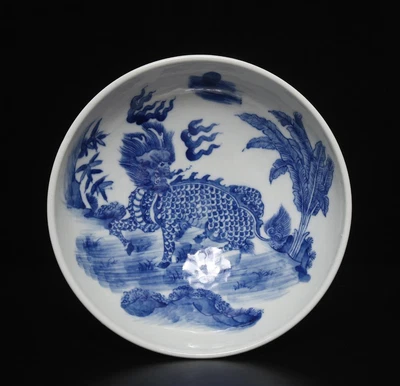 Kangxi Signed Rare Antique Chinese Blue & White Porcelain High Bowl w/kylin