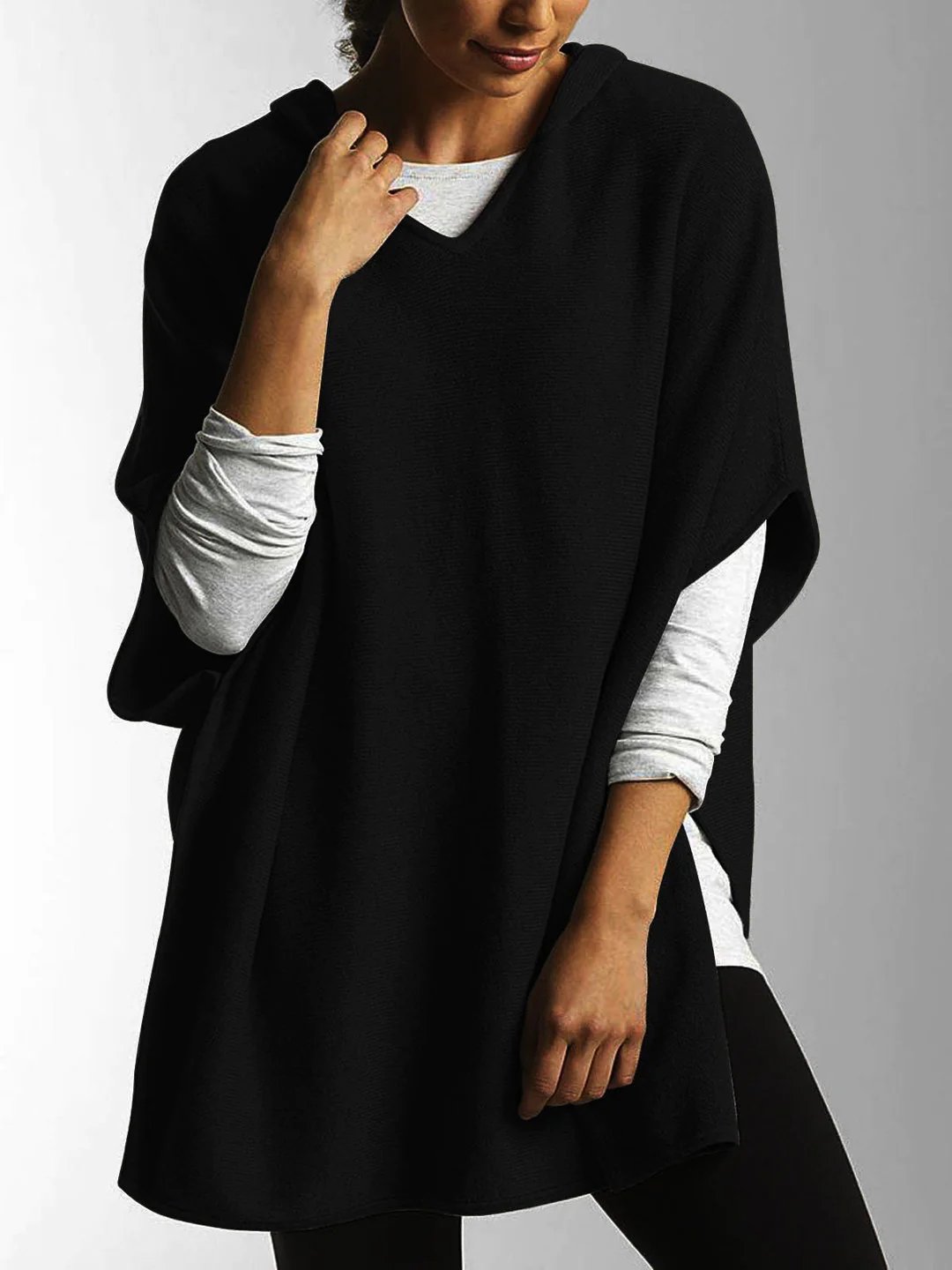V Tie Hood Half Sleeve Side Slit Cropped Sweater
