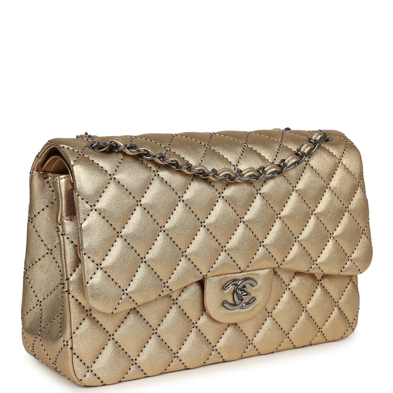 CHANEL Jumbo Classic Double Flap Bag Gold Metallic Lambskin Ruthenium Hardware