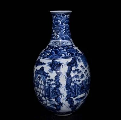 33CM Xuande Signed Old Chinese Blue and White Vase W/figure N301