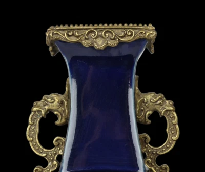 36CM Qianlong Signed Old Chinese Blue Glaze Vase w/kylin N4007