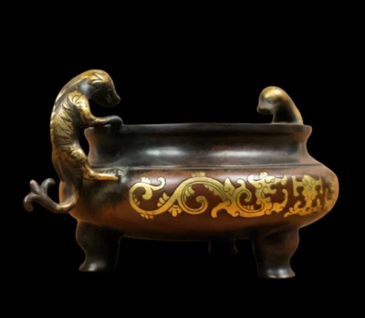 Xuande Signed Old Chinese Red Copper Handmade Incense Burner w/dragon N3866