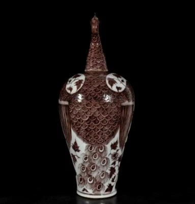 59CM Kangxi Signed Old Chinese Underglaze Red Vase W/peacock N3229