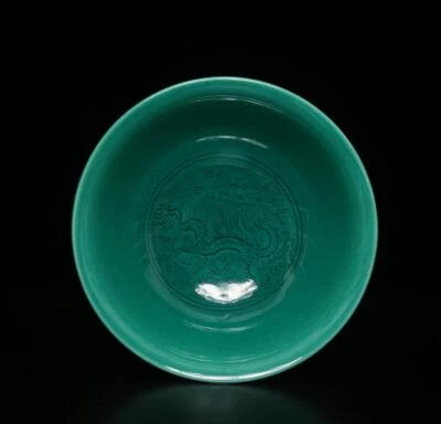 Qianlong Signed Antique Chinese Green Glaze Porcelain High Bowl w/ louts flower