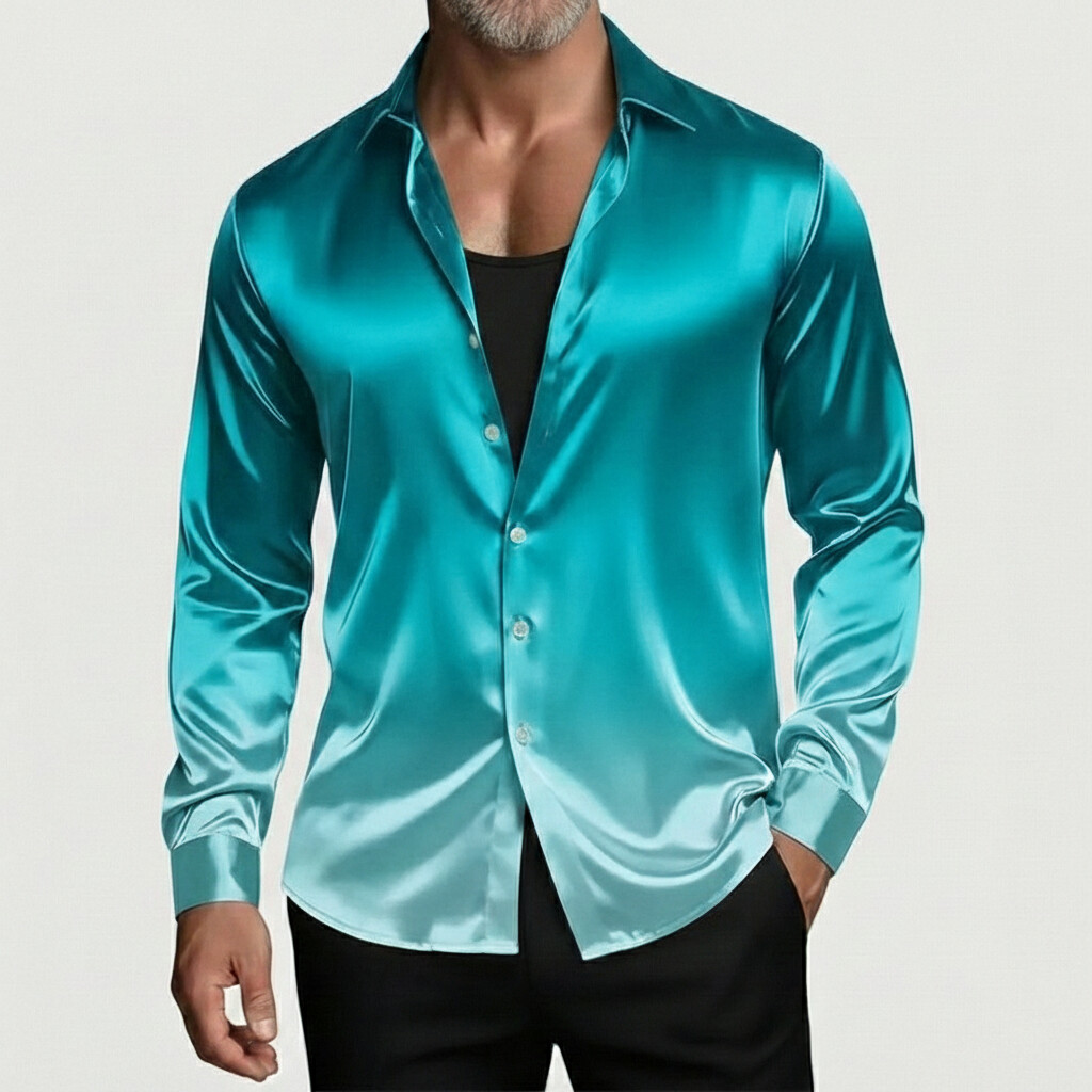 Men's Gradient Satin Shirt Collar Single Breasted  Long Sleeve Shirts