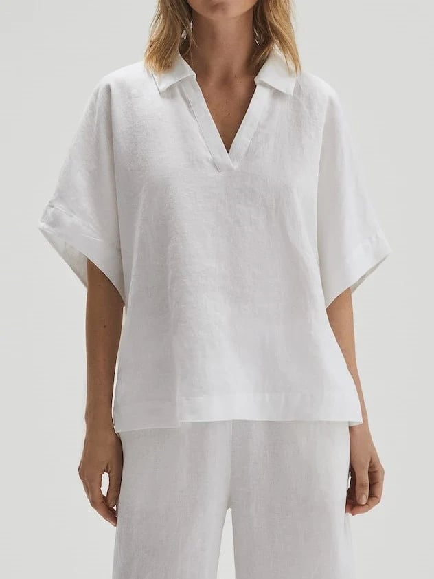 Cotton-Linen V-Neck Solid Color T-Shirt