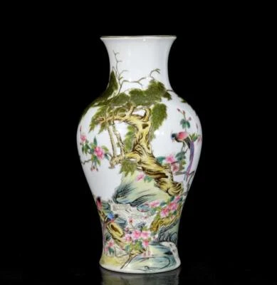 Yongzheng Signed Pair Old Chinese Colour Enamel Vase W/bird N3604