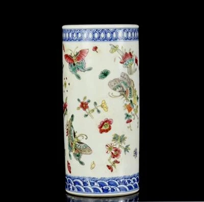 Qianlong Signed Pair Old Chinese Famille Rose Brush Pot W/flower CK506