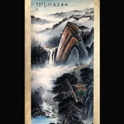 Li Xiongcai Signed Chinese Hand Painted Calligraphy Scroll w/landscape N1946