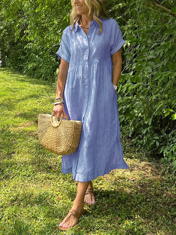 🌲🔥 Striped Lapel Button Down Shirt Dress