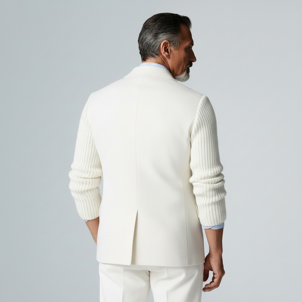 Men's White Peak Lapel Knitted Long Sleeve Double Breasted Blazer