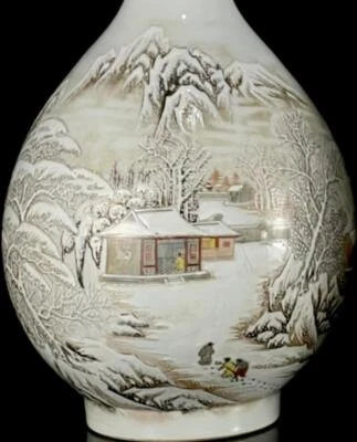43CM He Xuren Signed Old Chinese Snowscape Porcelain Vase w/ landscape CK530