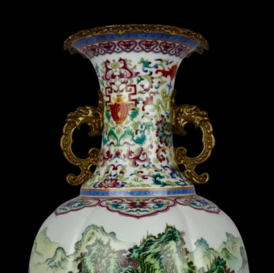 49CM Yongzheng Signed Old Chinese Famille Rose Vase w/landscape N4044