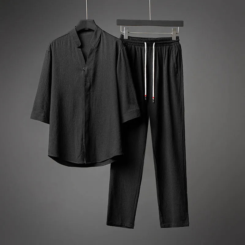 Men's Casual Solid Half Sleeve Blouse & Pockets Drawstring Pants 2Pcs Set