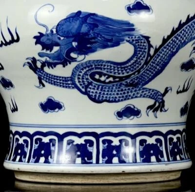 Kangxi Signed Old Chinese Blue & White Porcelain Pot Jar w/dragon