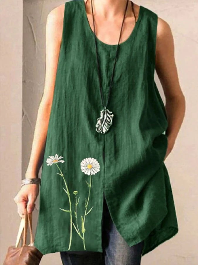 Ladies Cotton Linen Floral Print Casual Top