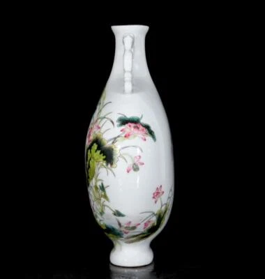 28CM Yongzheng Signed Old Chinese Colour Enamel Vase W/louts flower N3651