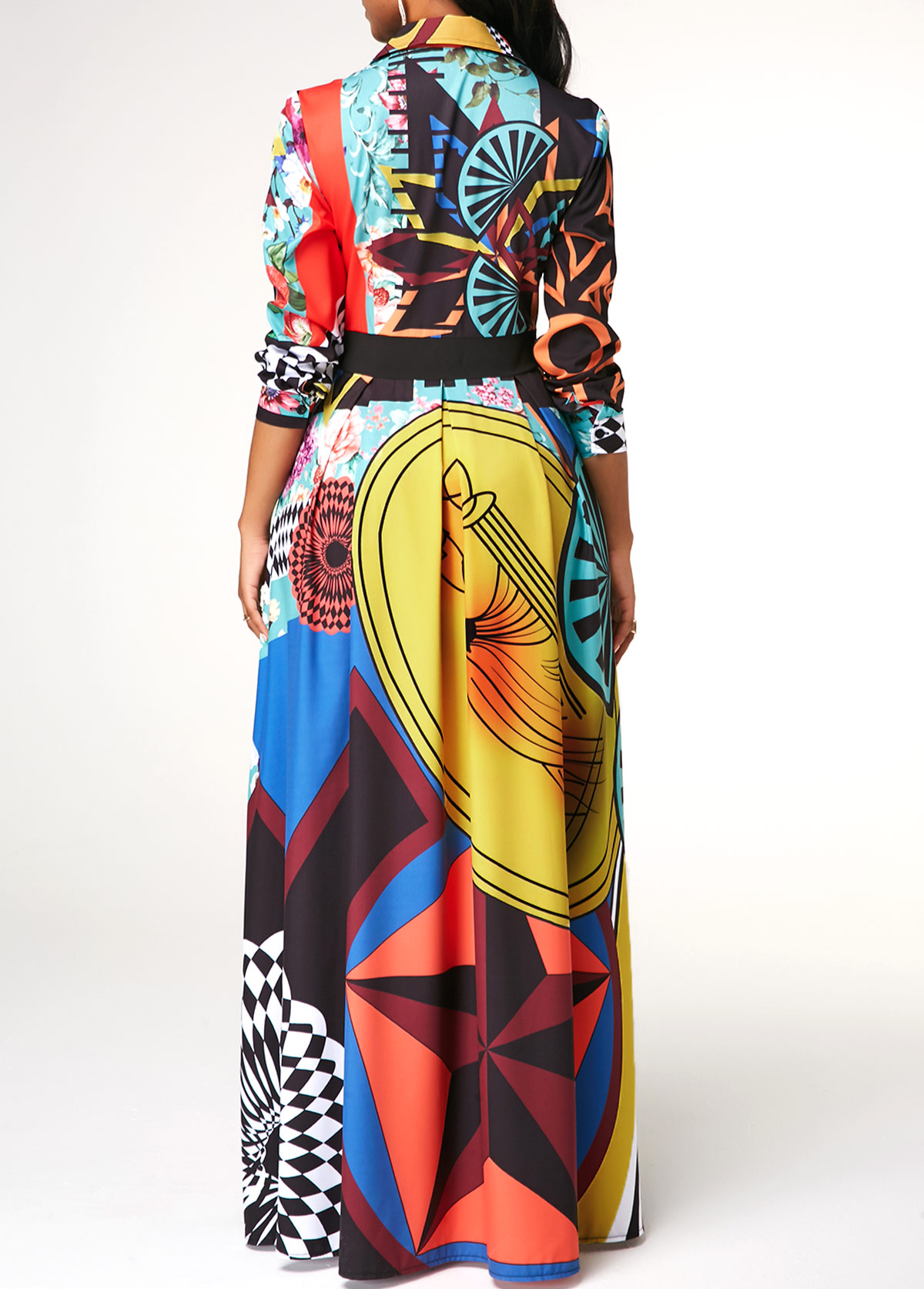 Printed Button Up Long Sleeve Turndown Collar Dress