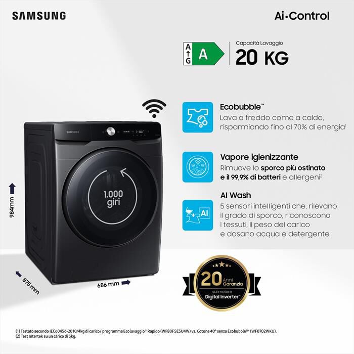 SAMSUNG - Lavatrice WF20DG8650BVU3 20KG Classe A-Nero